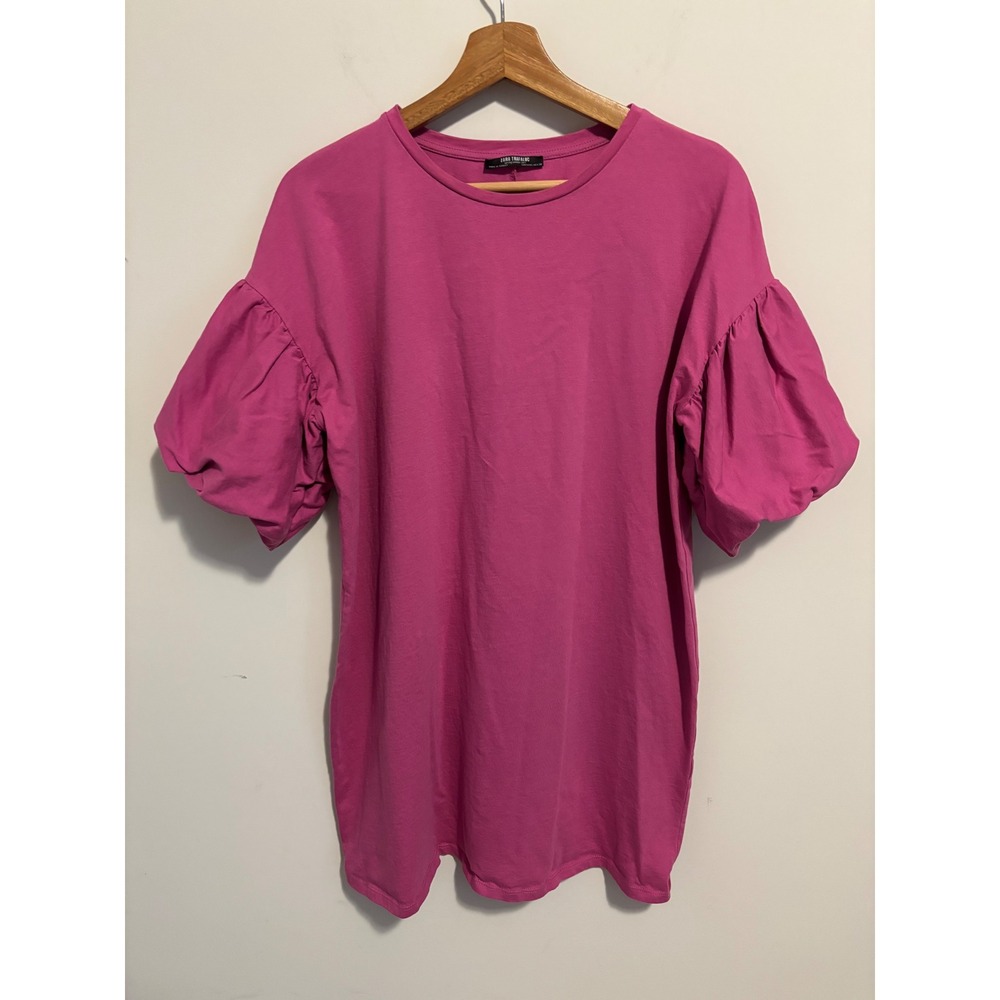 Zara Trafaluc Magenta Pink Puff Balloon Sleeve Crew Neck Top Size L